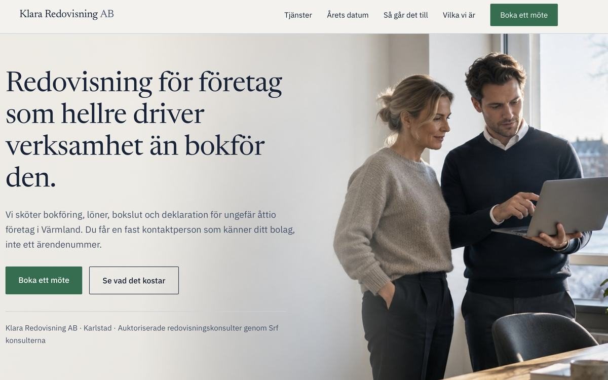 Designkonceptet Klara Redovisning — startsidan f&ouml;r en redovisningsbyr&aring; i Karlstad