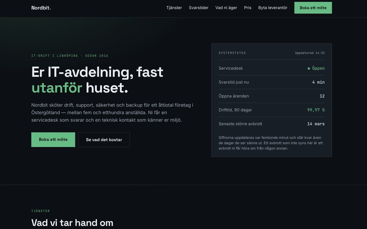 Designkonceptet Nordbit — en m&ouml;rk startsida f&ouml;r en IT-driftpartner i Link&ouml;ping