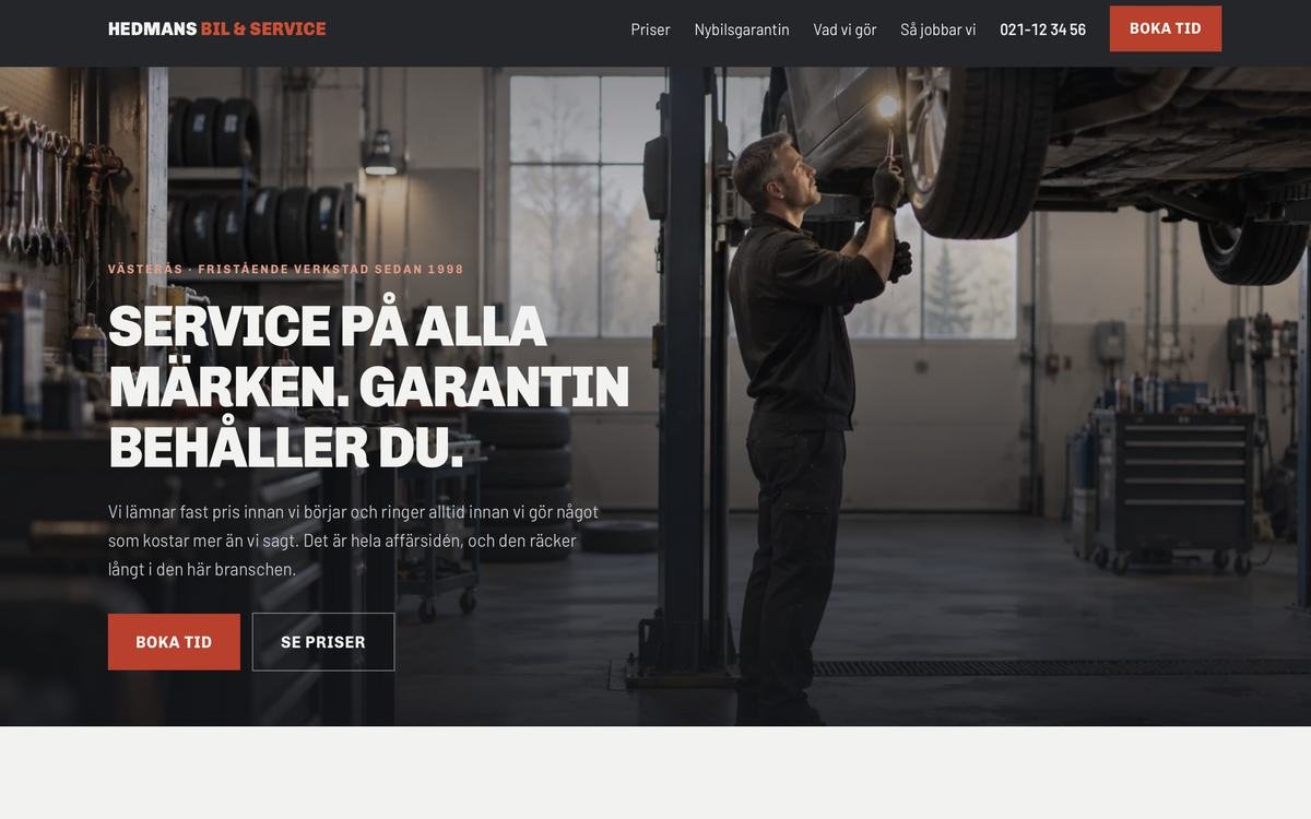 Designkonceptet Hedmans Bil & Service — startsidan för ett fristående bilverkstad i Västerås