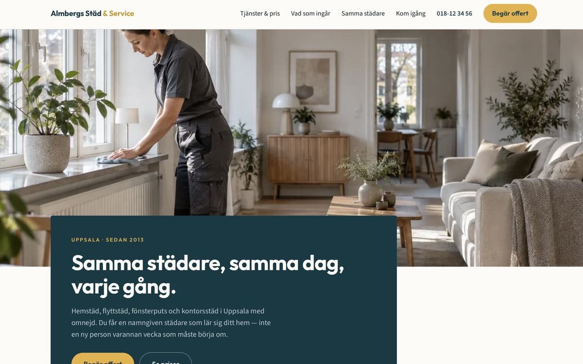 Designkonceptet Almbergs St&auml;d & Service — startsidan f&ouml;r en st&auml;dfirma i Uppsala