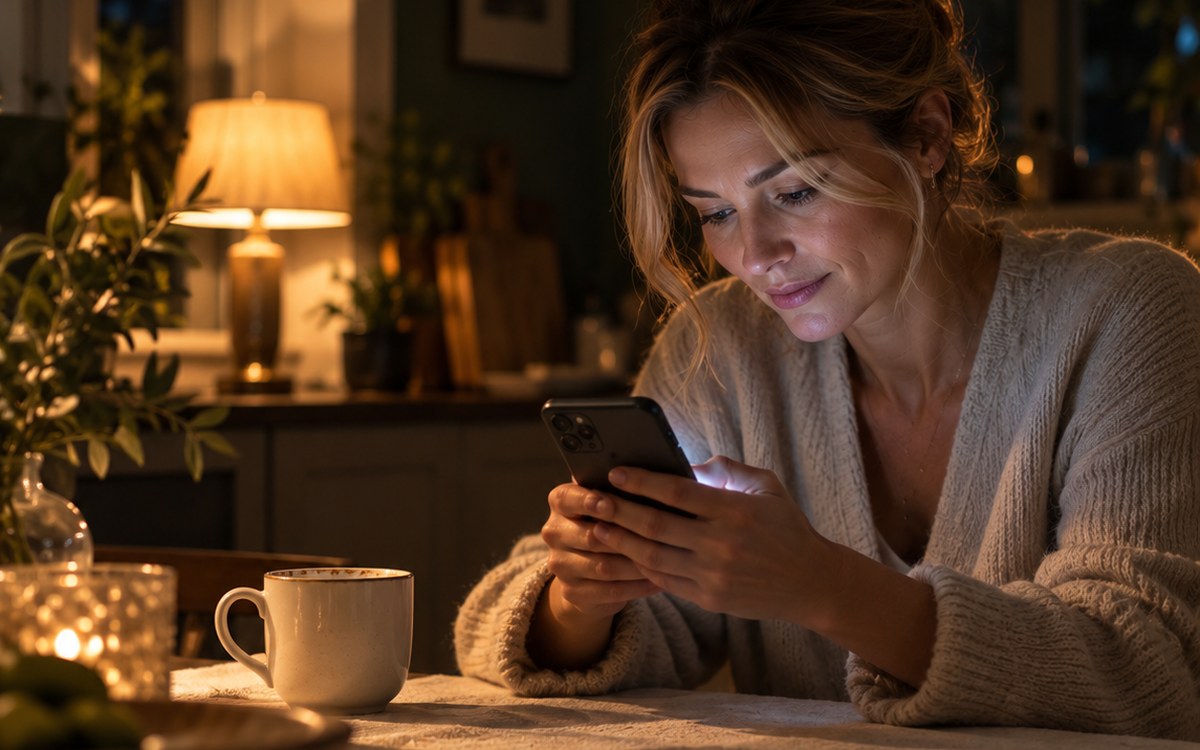 Kvinna vid k&ouml;ksbordet p&aring; kv&auml;llen med telefonen i h&auml;nderna, sk&auml;rmen som enda ljusk&auml;lla