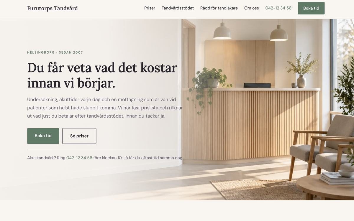 Designkonceptet Furutorps Tandv&aring;rd — startsidan f&ouml;r en tandl&auml;karklinik i Helsingborg